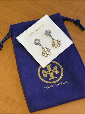 Tory Burch Silver Logo Drop Earrings with Hexagon Charms